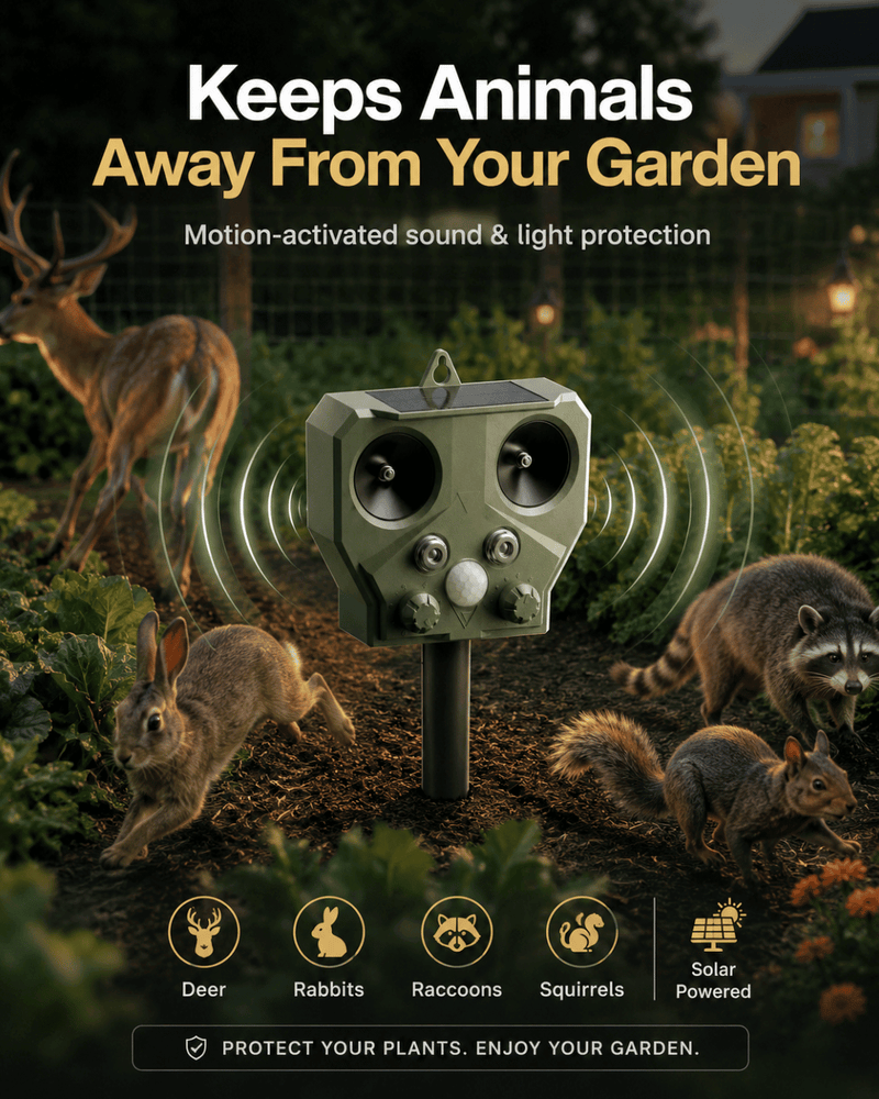 Garden protection device with animals around, labeled for keeping them away from the garden.
