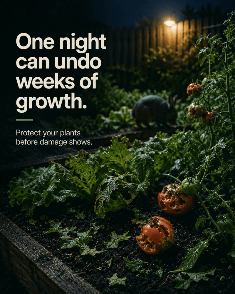 Garden scene with tomatoes and text about plant protection at night.
