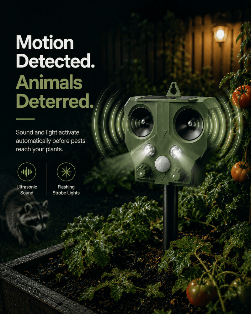 Outdoor pest deterrent device with text 'Motion Detected. Animals Deterred.' in a garden setting.