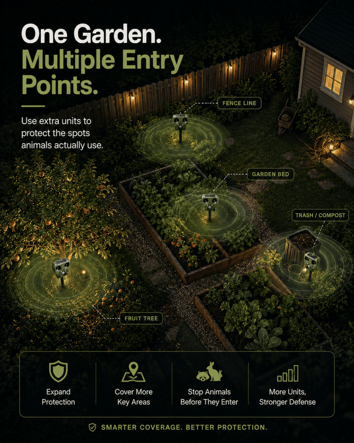 Garden with multiple entry points labeled, featuring security camera units to protect against animals.