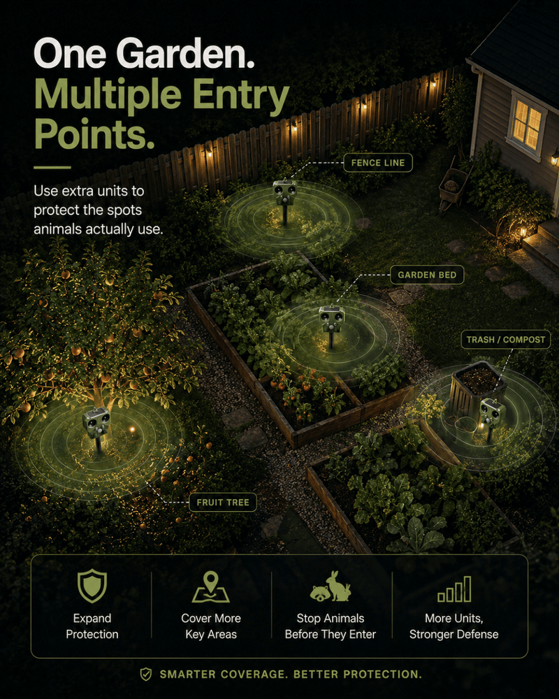 Garden with multiple entry points labeled, featuring security camera units to protect against animals.