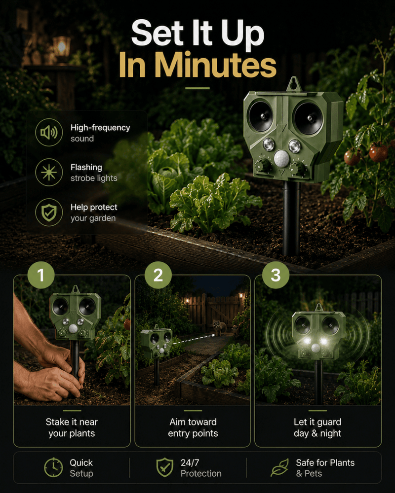 Garden pest control device with setup instructions and features on a dark background.