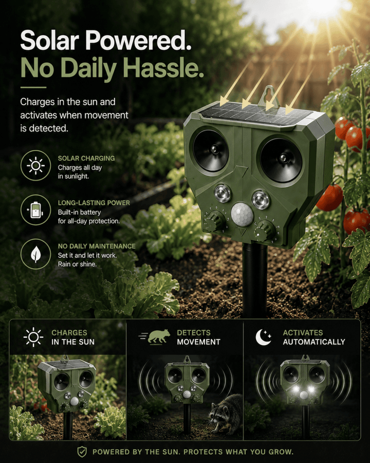Solar-powered animal deterrent in a garden setting with text highlighting features.
