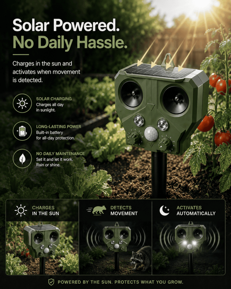 Solar-powered animal deterrent in a garden setting with text highlighting features.