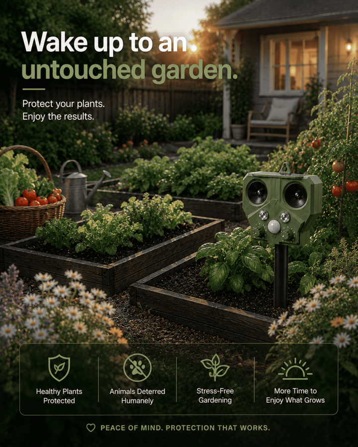 Garden scene with a security device and text about plant protection.