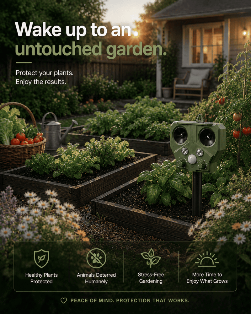 Garden scene with a security device and text about plant protection.