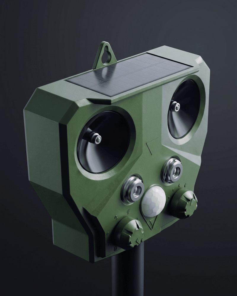 Green electronic device with speakers on a dark background