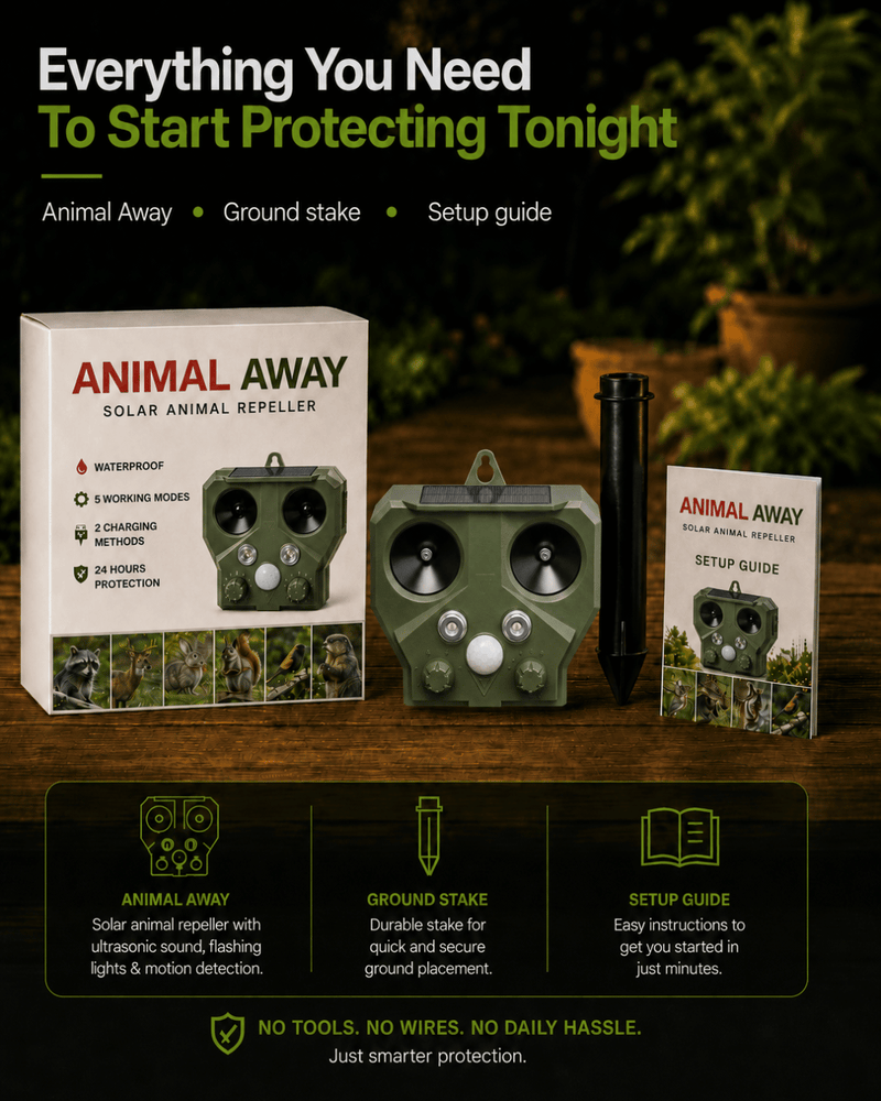 Animal Away solar animal repeller with packaging and setup guide on a wooden surface.