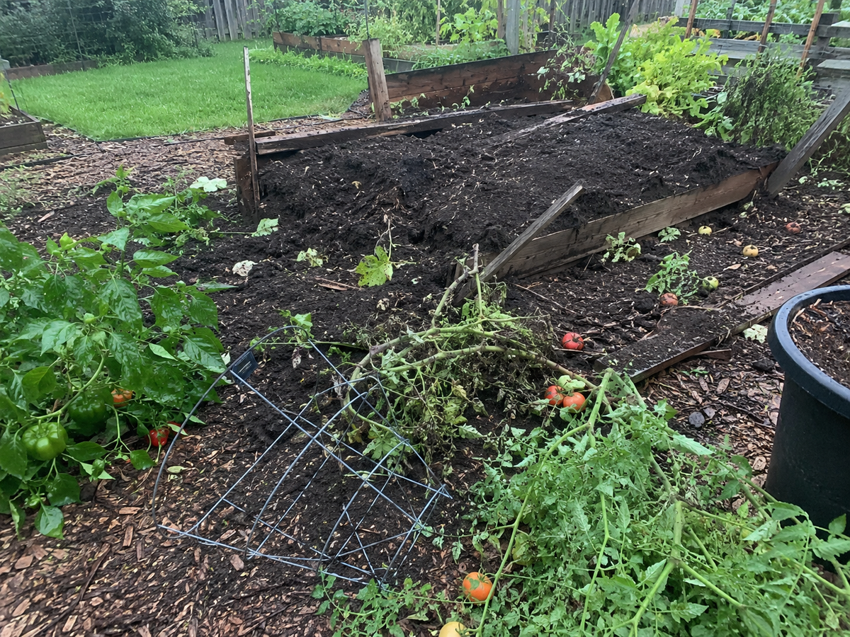 A backyard vegetable garden dug up and destroyed overnight, with uprooted plants and overturned beds.